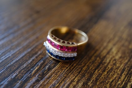 Ruby, Sapphire and Diamond ring in 14K Yellow Gold