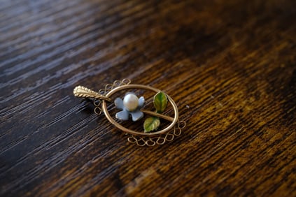 Estate Enamel and Pearl Pendant in 14K Yellow Gold