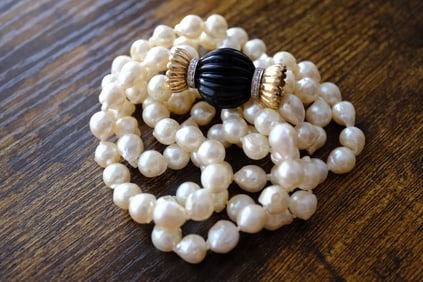 Onyx, Pearl and Diamond Strand Necklace in 14K Yellow Gold