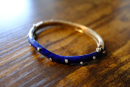 Estate Diamond and Blue Enamel Bangle Bracelet in 14K Yellow Gold