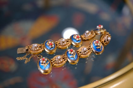 Estate Pearl and Enamel Floral Bracelet in14K Yellow Gold