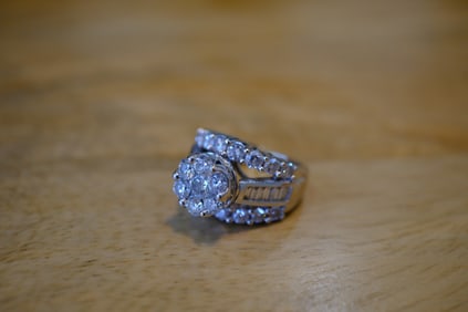 Estate Round/Baguette Diamond Cluster Ring in 14K White Gold