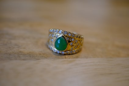 Estate Cabochon Emerald and Diamond Ring in 18K Yellow Gold
