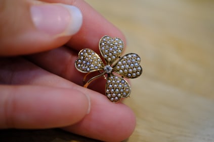 Estate Pearl and Diamond Four Leaf Clover Brooch in 8K Yellow Gold