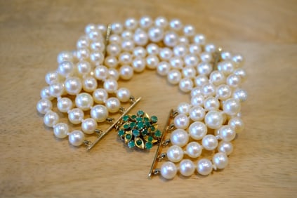 Five Strand Emeral and Pearl Bracelet in 14K Yellow Gold