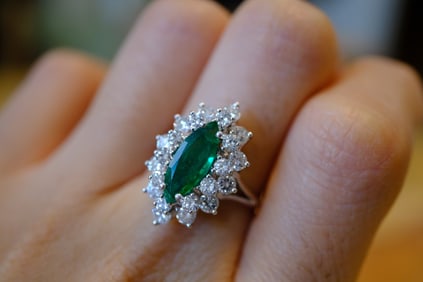 Marquise Emerald and Diamond Ring in 18K White Gold
