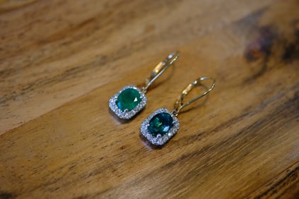 Estate Emerald and Diamond Dangle Earrings in 14K Yellow Gold