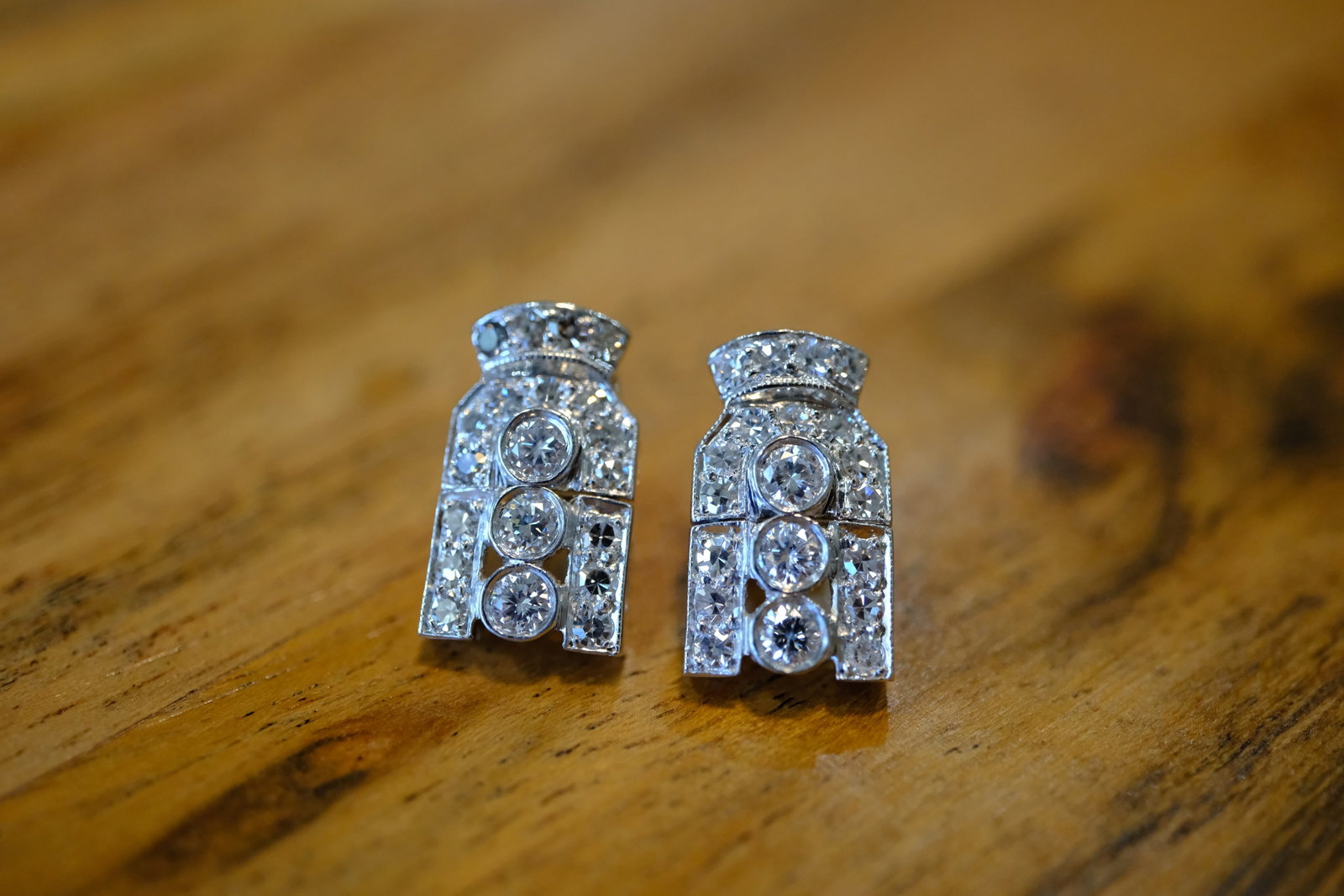 Estate Diamond Earrings in Platinum: Estate, Metal type: Platinum, Gemstone: Diamond - 1.90 cttw VS/SI, Dimensions: 15 mm height, Weight: 6.0 g