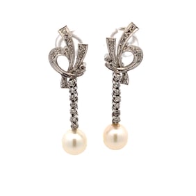 Estate Pearl and Diamond Dangle Earrings in Platinum
