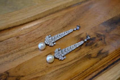 Circa 1920s Estate Diamond and Akoya Pearl Earrings in 14K White Gold