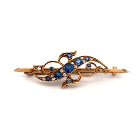Antique Estate Natural Sapphire and Mine Cut Diamond Brooch in 15K Yellow Gold