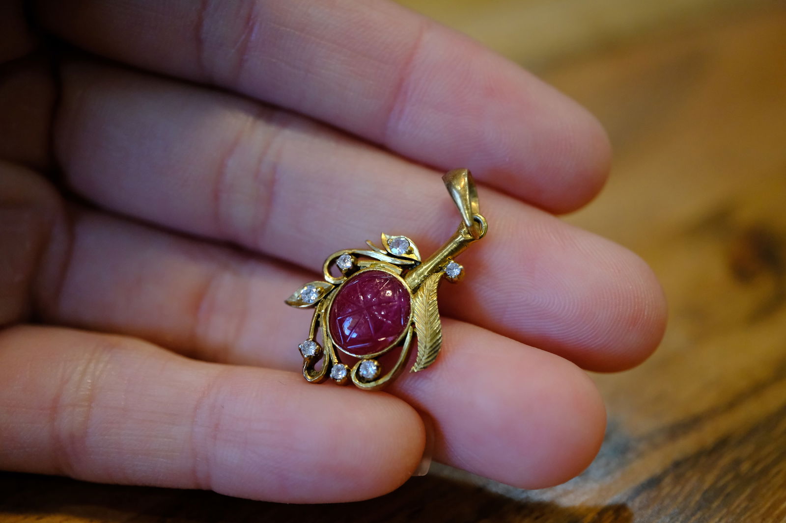 Circa 1940s Carved Ruby and Diamond Floral Pendant in 14K Yellow Gold (1 of 8)