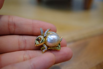 Pearl, Ruby and Diamond Rabbit Brooch/Pin in 18K Yellow Gold