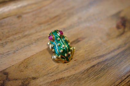 David Webb Enamel and Ruby Frog Brooch in 18K Yellow Gold