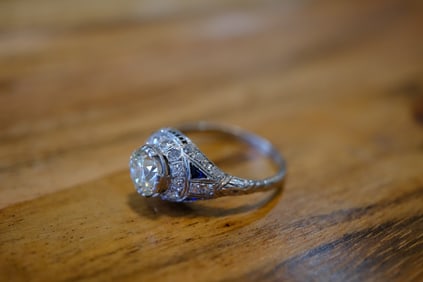 Estate OEC Diamond and Sapphire Engagement Ring in Platinum