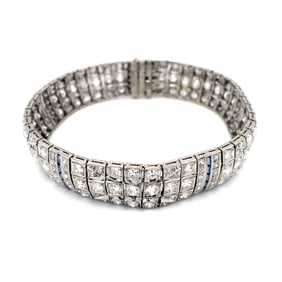 Hand Fabricated Vintage Diamond and Sapphire Hidden Clasp Bracelet in Platinum