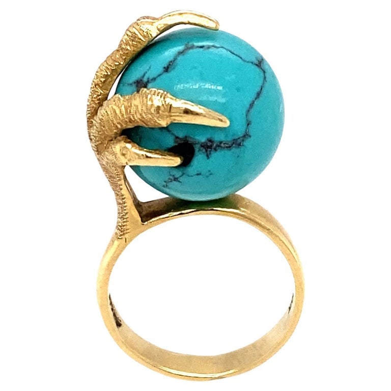 Circa 1970s Turquoise Bead and Claw Ring in 18 Karat Gold (1 of 9)