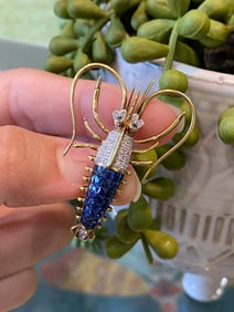 Estate Sapphire and Diamond Lobster Brooch, 18K Gold