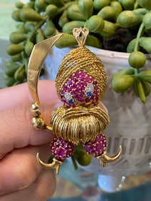 18K Gold Swordsman Brooch with Rubies, Diamonds, and Sapphires