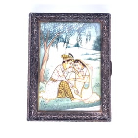 Circa 1890s Indian Trinket Box with Hand-Painted Miniature in Sterling Silver