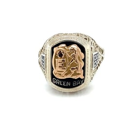 Circa 1928 Initial E Green Bay Class Ring in Two Tone 14 Karat Gold