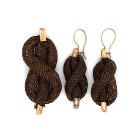 Victorian Hairwork Earrings and Brooch Set, 14K Gold