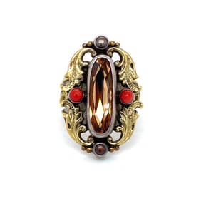 Mars & Valentine with Citrine, Coral and Brownish Pearl Ring in Sterling Silver