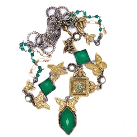 Mars & Valentine Necklace with Pearls,Simulate Emerald, Bee charm, Butterfly and Bee accents in