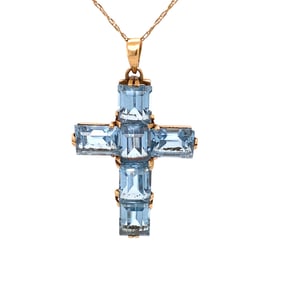 Circa 1990s 10.0 Carat Aquamarine Cross Pendant in 14K Yellow Gold