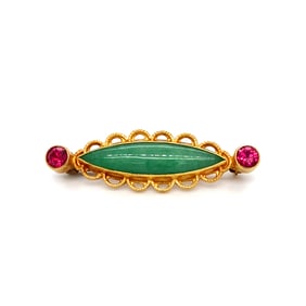 Circa 1960s Retro Brooch with Marquise Jade and Rubies in 22K Gold