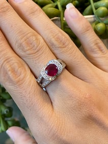 Estate "Pigeon Blood" Red Ruby and Diamond French Made Ring in Platinum