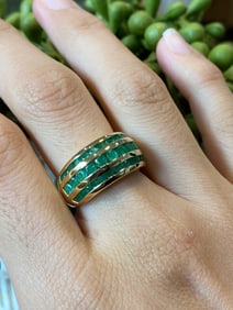 Estate Three Row Emerald Ring in 14K Yellow Gold