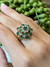 Circa 1980s Emerald and Diamond Cocktail Ring in 14K Yellow Gold