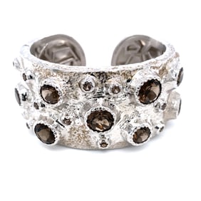Sterling Silver Wide Hinged Cuff Bracelet with Smoky Quartz