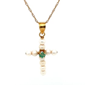 Emerald and Pearl Cross Pendant in 14K Yellow Gold