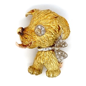 Puppy Dog Brooch with Diamond in 18K Yellow Gold