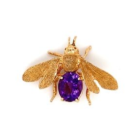 Vintage Amethyst Bee Brooch in 14K Yellow Gold