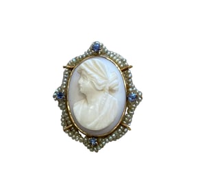 Sapphire and Pearl Cameo Brooch in 10K Yellow Gold