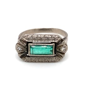 Vintage Syn Emerald and Diamond Ring in 18K White Gold