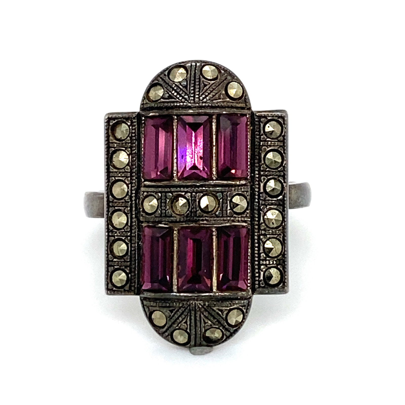 Vintage Art Deco Amethyst and Marcasite Shield Ring in Sterling Silver (1 of 7)