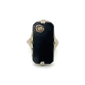 Art Deco Diamond and Onyx Shield Ring in 18K White Gold