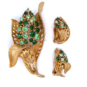 Circa 1960s Lisner Costume Jewelry Rhinestones Earrings & Brooch in Gold Tone