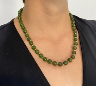 Circa 1970s Jade Beaded Necklace with Gold-Filled Clasp