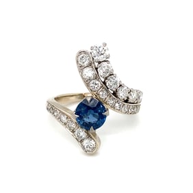 Circa 1930s-1940s Sapphire and Diamond Bypass Ring in 14K White Gold