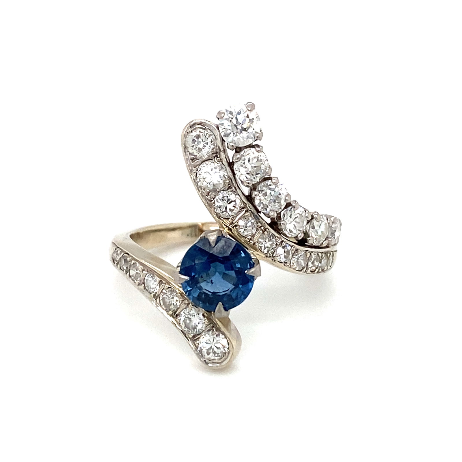 Circa 1930s-1940s Sapphire and Diamond Bypass Ring in 14K White Gold (1 of 7)
