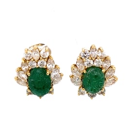 Carved Emerald and Diamond Earrings in 18K Yellow Gold