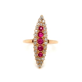 Circa 1910s-1920s Ruby and Diamond Navette Ring in 14K Yellow Gold