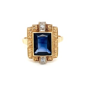 Circa 1920s Art Deco Synthetic Sapphire and Diamond Ring 14K Two tone Gold