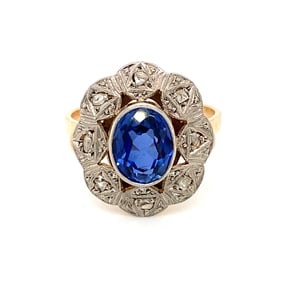 Circa 1940s Synthetic Sapphire and Diamond Ring in 14K Two Tone Gold