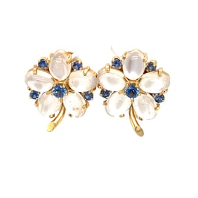 Flower Moonstone and Sapphire Non-Pierced Back Earrings in 14K Yellow Gold